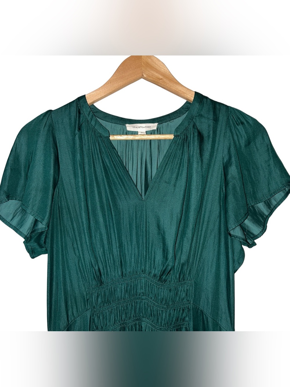 Grade & Gather Satin Tiered Maxi Dress Emerald Green Elegant Bohemian Size XLP - Picture 2 of 6